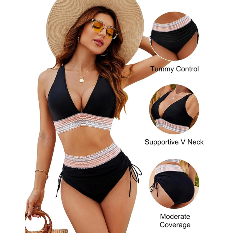 🔥S~4XL One Size🔥2025 Belly-Control Colorblocking High Neck Bikini Set