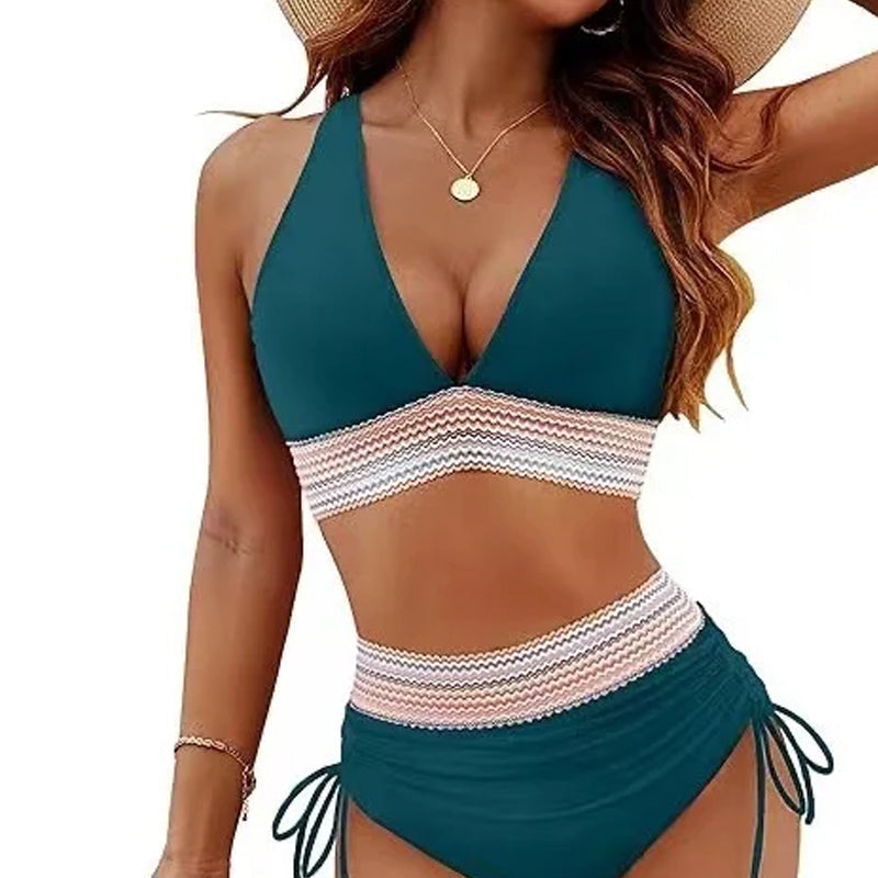 🔥S~4XL One Size🔥2025 Belly-Control Colorblocking High Neck Bikini Set