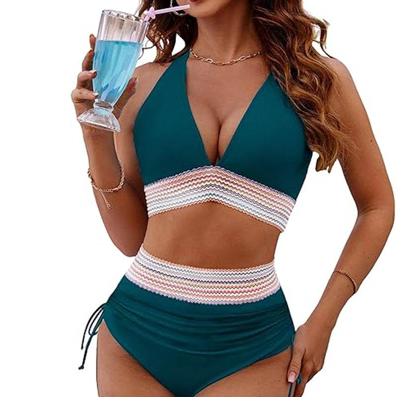 🔥S~4XL One Size🔥2025 Belly-Control Colorblocking High Neck Bikini Set