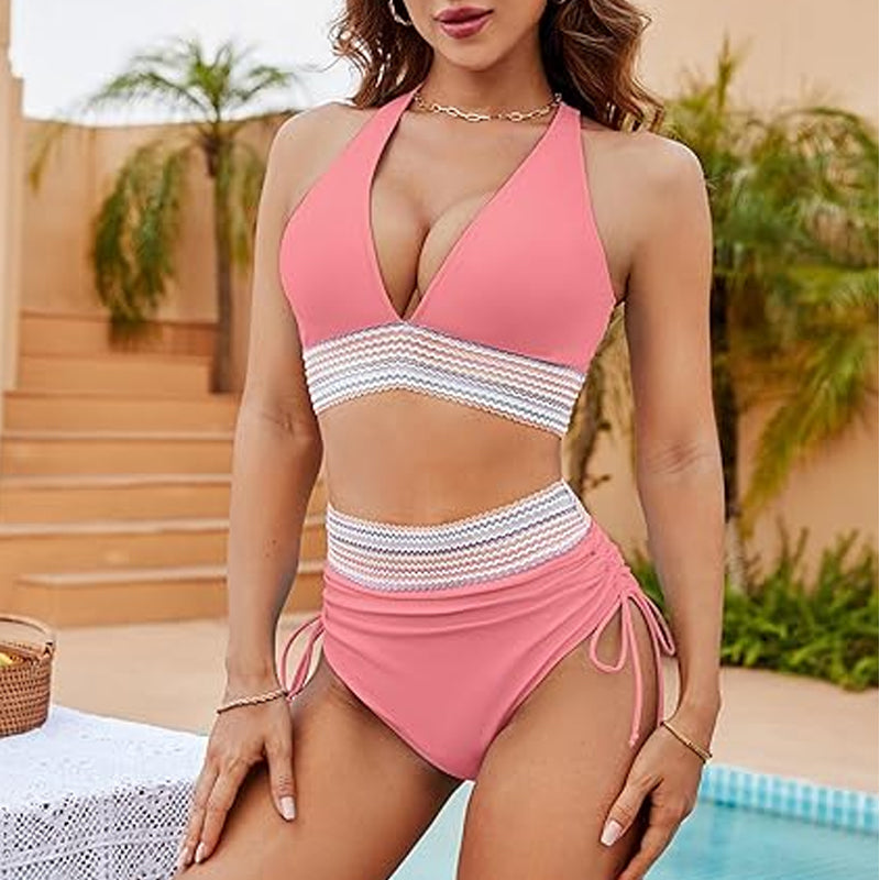 🔥S~4XL One Size🔥2025 Belly-Control Colorblocking High Neck Bikini Set