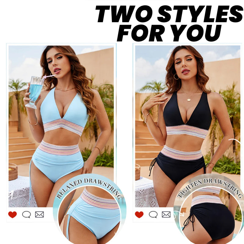 🔥S~4XL One Size🔥2025 Belly-Control Colorblocking High Neck Bikini Set
