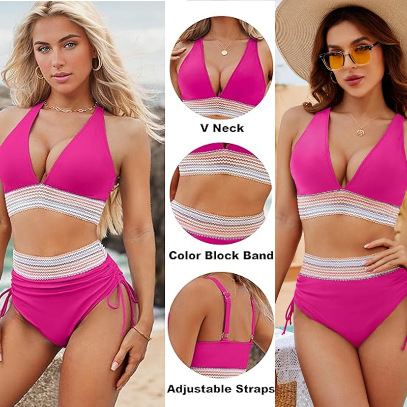 🔥S~4XL One Size🔥2025 Belly-Control Colorblocking High Neck Bikini Set