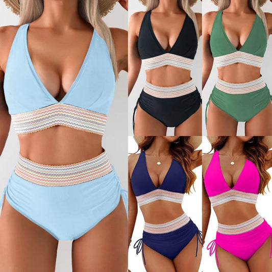 🔥S~4XL One Size🔥2025 Belly-Control Colorblocking High Neck Bikini Set